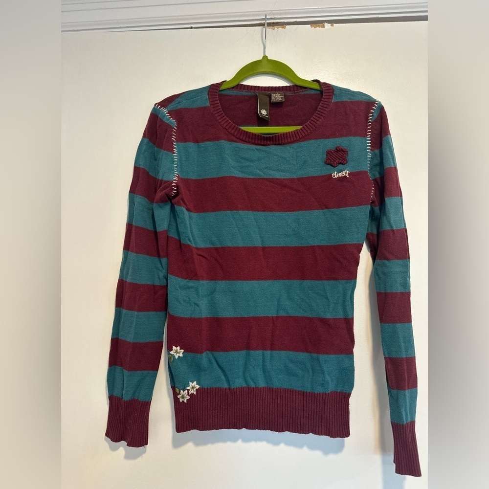 Elements Skate Y2K Sz:L‎ Maroon/ Teal Striped Pullover Sweater Floral Appliqué.